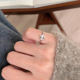 S925纯银拉丝鸢尾花点钻戒指女轻奢高级感精致食指戒小众设计指环