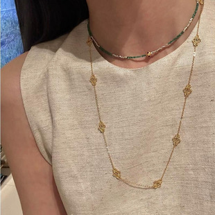 秋冬毛衣链高级感轻奢小众 长款 复古金色镂空花纹项链女款 2025新款
