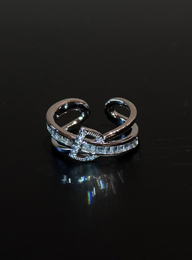 冷淡风爆闪镶钻银色交叉戒指小众