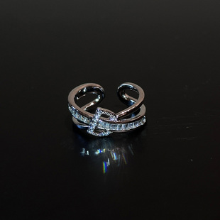 冷淡风爆闪镶钻银色交叉戒指女小众设计时尚 食指戒轻奢高级感 个性