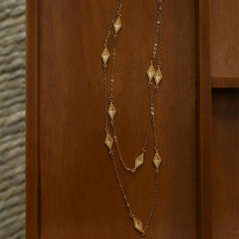 中古金色双面菱格项链小众新中式