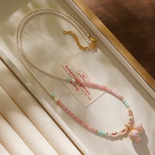 新中式 粉色珐琅葫芦吊坠项链高级感轻奢小众颈链百搭仿珍珠锁骨链