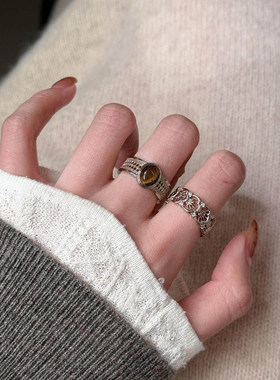 S925纯银中古做旧镂空雕花虎眼石戒指女小众设计感复古素圈食指戒