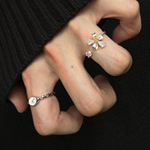 不规则光面钟表仿闪钻花朵戒指女小众设计精致独特食指戒银色指环