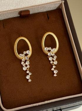 金色拉丝镂空圆环镶钻流苏耳环2025新款爆款高级感耳钉女小众设计