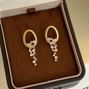 金色拉丝镂空圆环镶钻流苏耳环2025新款 高级感耳钉女小众设计 爆款