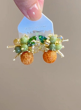 森系田园风橘子串珠耳钉2025新款爆款高级感轻奢耳环小众独特耳饰