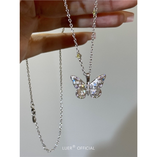 925纯银镶钻彩色蝴蝶项链女款 轻奢小众精致高级感锁骨链 2025新款
