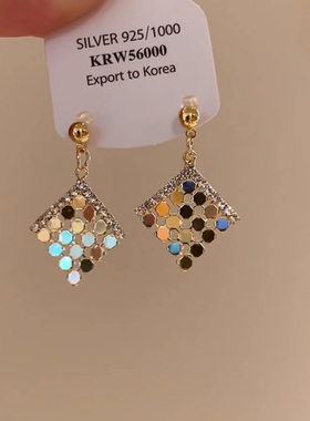 中古满钻圆片菱形耳环女轻奢高级感气质耳钉2025新款小众独特耳饰