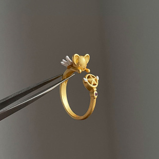金色可爱小老鼠星星戒指女轻奢高级感复古开口食指戒小众设计指环