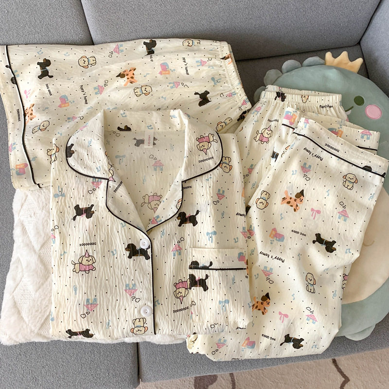 2025新款睡衣女款夏季纯棉纱布短袖日系ins小狗三件套家居服春秋