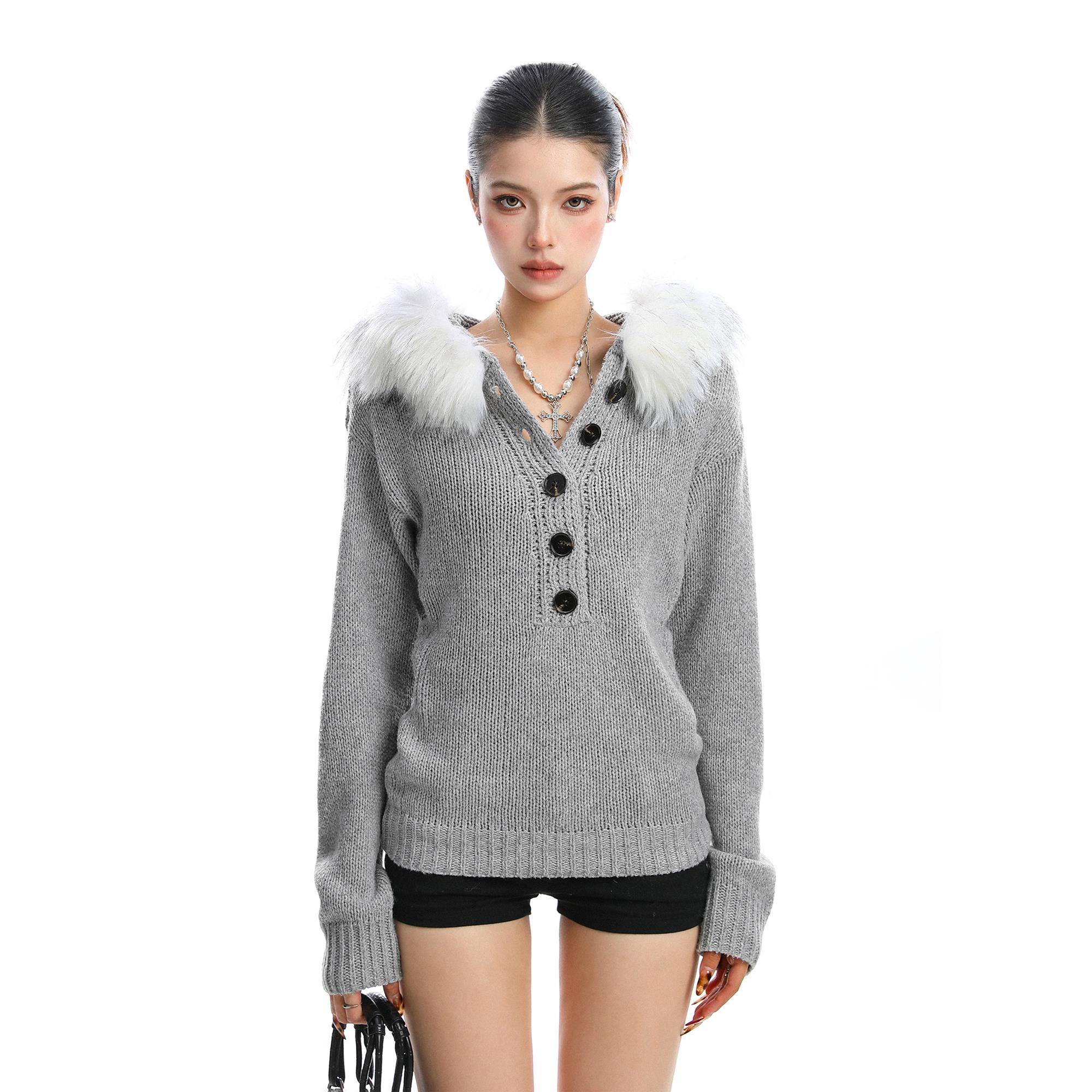 75折NEW辣妹可拆卸毛领亨利领毛衣女秋季韩系收腰连帽针织衫上衣