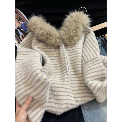 不起球保暖加厚水貂绒毛衣条纹外套女冬季宽松慵懒风开衫针织上衣