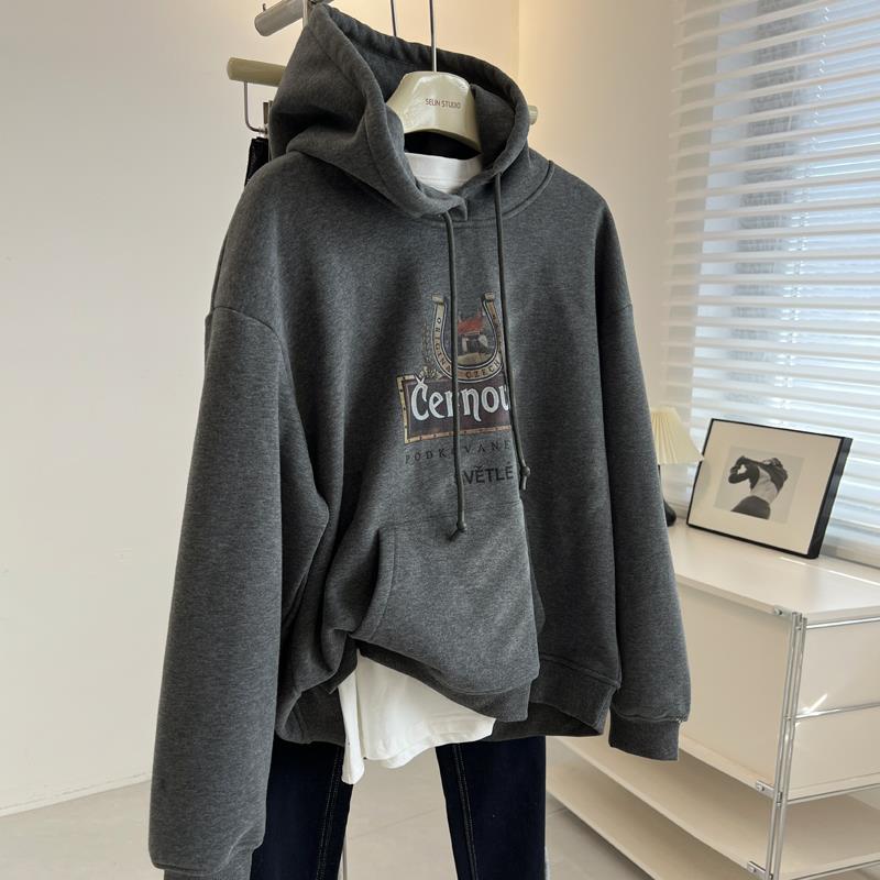 美式复古做旧字母连帽套头卫衣女宽松慵懒加绒加厚帽衫冬季新款潮