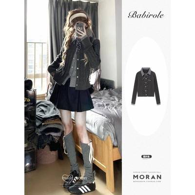 美式学院风针织开衫女秋新款修身撞色假两件毛衣外套上衣别致独特