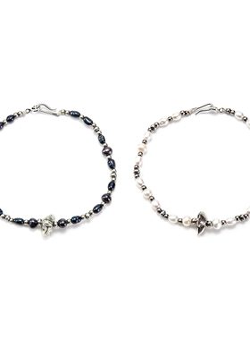 =silvarie=SUNKU39 不规则错落感 日本黑白珍珠银珠纯银手链男女