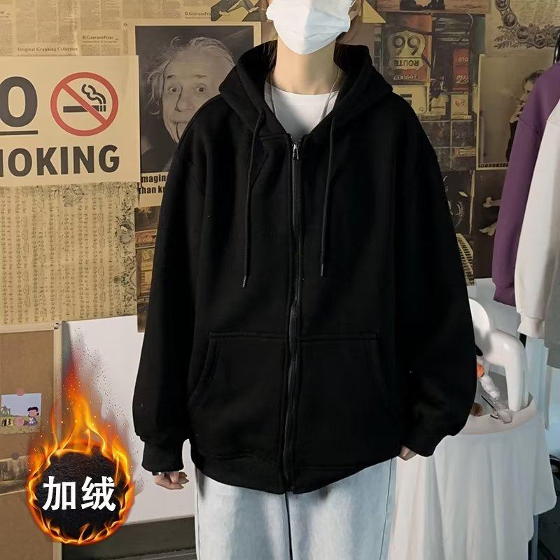 秋冬季灰色开衫连帽卫衣纯色加绒拉链外套男女宽松情侣bf风运动潮