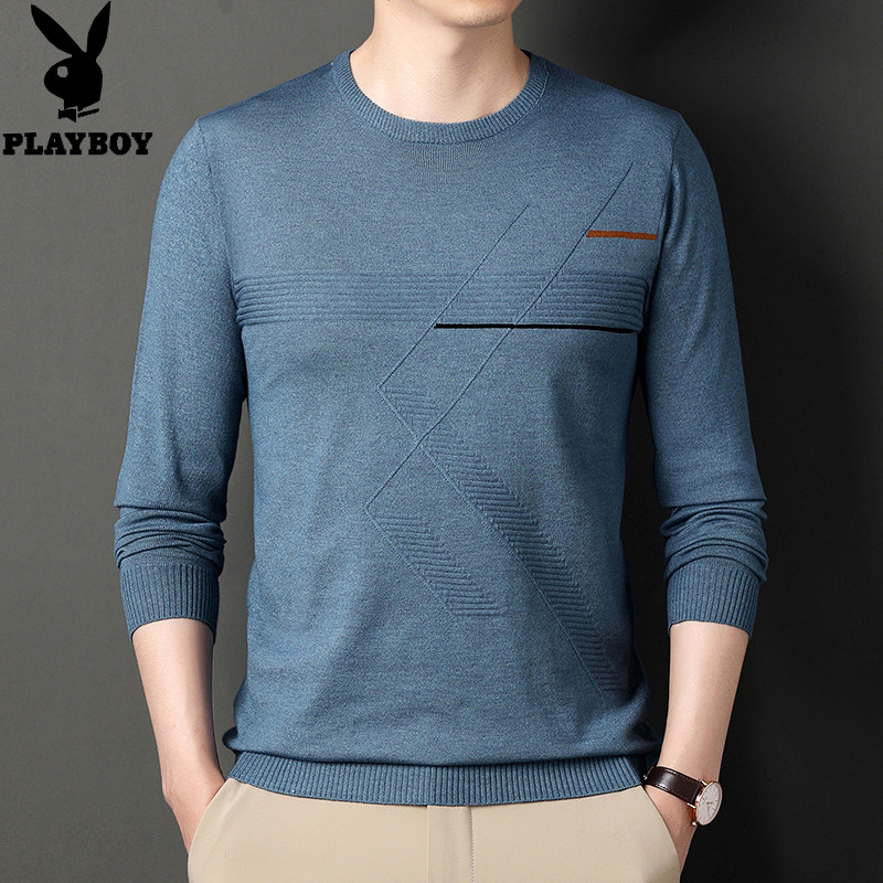花花公子春秋长袖t恤男士圆领毛衣中年薄款羊毛衫针织线衣打底衫