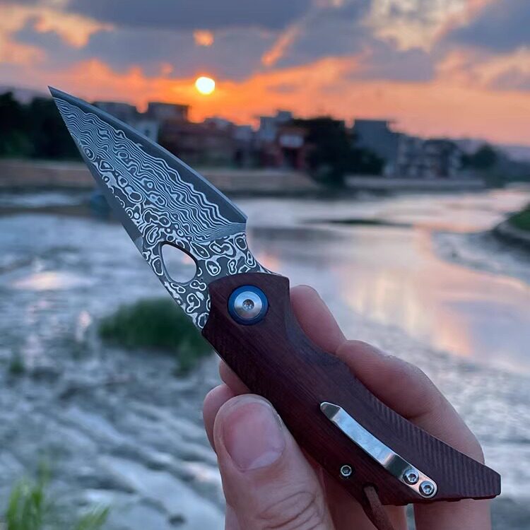 蜂鸟手工大马士革钢刀防身折叠刀锋利小刀随身钥匙扣折刀户外刀具