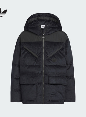 adidas阿迪达斯三叶草大童LOGO满印连帽羽绒服冬保暖外套 KC5387