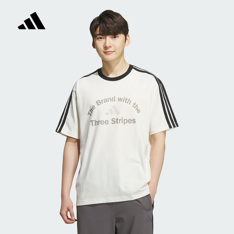adidas阿迪达斯三条纹白色半袖2025秋男LOOSE FIT短袖T恤 KF2478