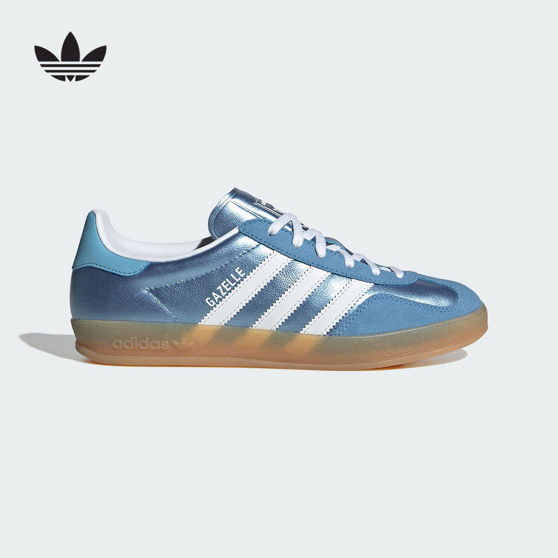 阿迪达斯三叶草女GAZELLE亮泽金属感皮革经典德训T头鞋板鞋JS1407
