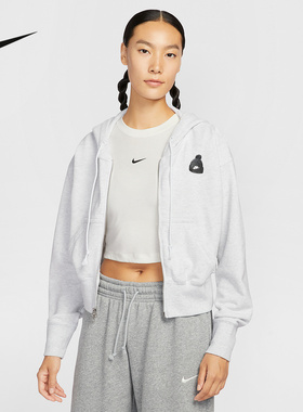 Nike耐克外套女运动休闲宽松短款连帽夹克灰色开衫卫衣IO0490-051