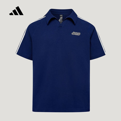adidas阿迪达斯华夫格插肩袖宽松上衣三条纹短袖POLO衫T恤 LF7392