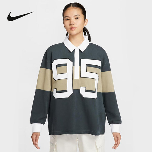 NIKE耐克女子长袖POLO衫宽松复古学院风针织套头衫卫衣HV4034-390