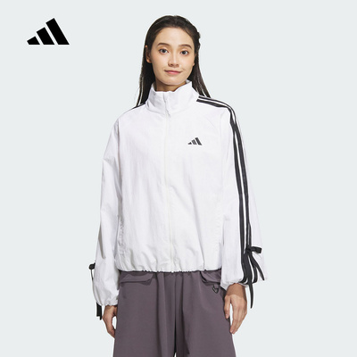 adidas阿迪达斯2025春季女子立领蝴蝶结三条纹运动梭织外套JY5651