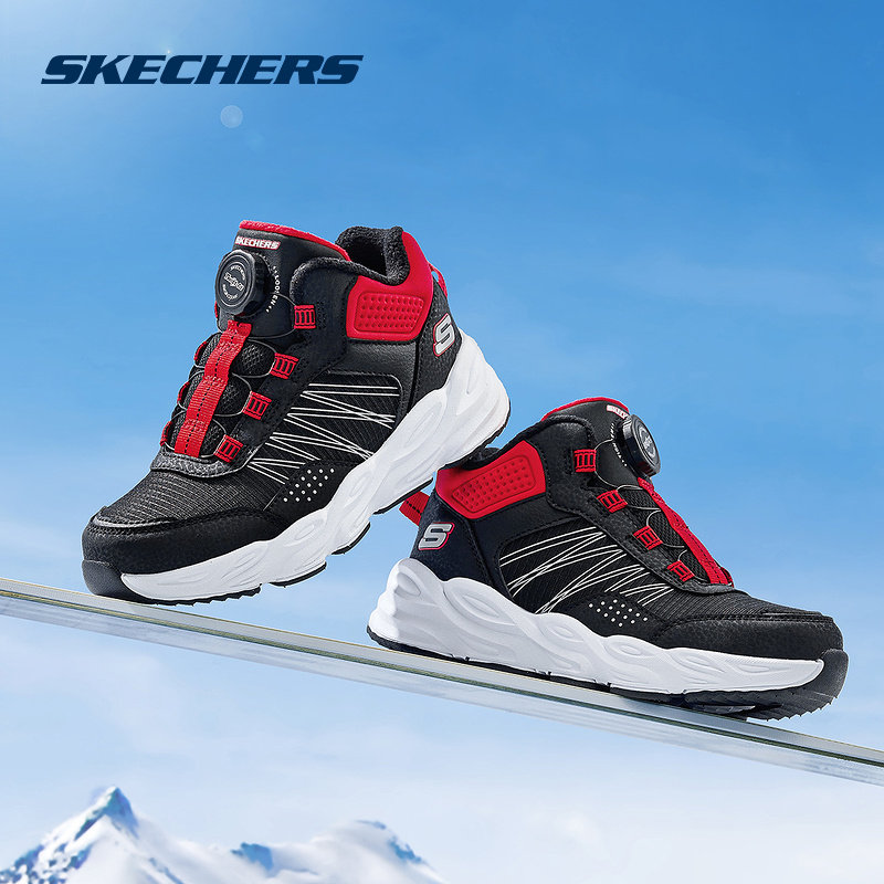 Skechers斯凯奇童靴冬季男童旋钮扣加绒保暖绒绒靴 405291L/BKRD