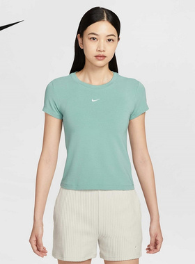 Nike耐克女短袖夏季刺绣LOGO圆领透气半袖绿色运动T恤FV5509-018