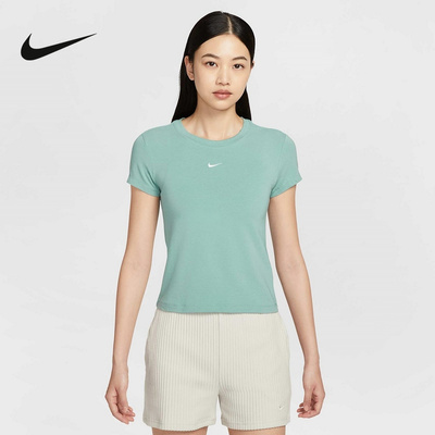 Nike耐克女短袖夏季刺绣LOGO圆领透气半袖绿色运动T恤FV5509-018