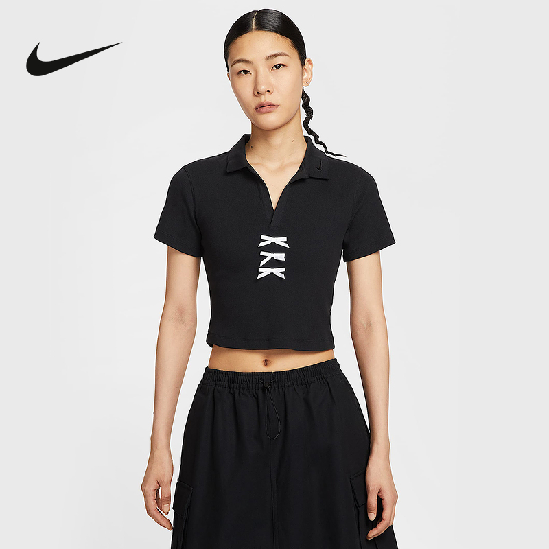 NIKE耐克女短袖翻领POLO衫夏季蝴蝶结修身短款半袖T恤IM3393-010
