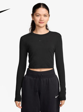 Nike耐克女子短款长袖上衣春季新款休闲刺绣针织打底衫HF5323-010