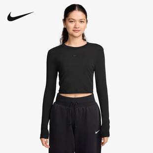 Nike耐克女子短款长袖上衣春季新款休闲刺绣针织打底衫HF5323-010