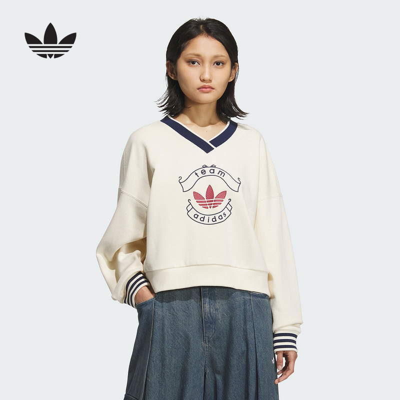 adidas阿迪达斯三叶草冬新款毛圈布运动宽松V领女套头卫衣KC5845