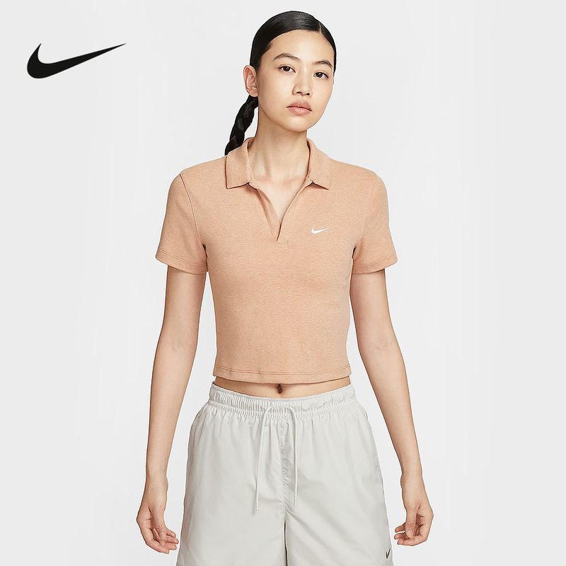 Nike耐克女子短袖POLO衫夏新款刺绣小勾短款深V翻领T恤DV7885-688