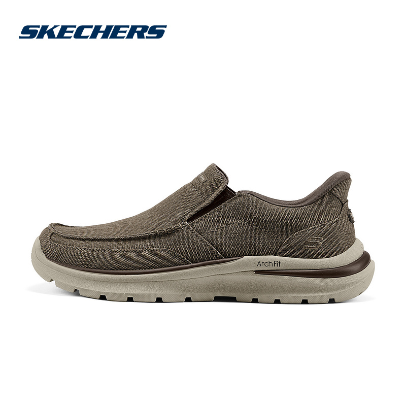 Skechers斯凯奇男士闪穿一脚蹬舒适透气百搭帆布休闲鞋205490/BRN