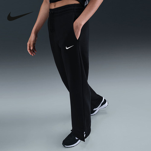 NIKE耐克女裤秋冬季新款刺绣小勾加绒高腰阔腿针织长裤IH1012-010