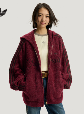 阿迪达斯三叶草新年款红色外套26新款男女针织绒面连帽夹克KT0718