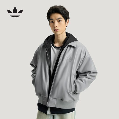 adidas阿迪达斯三叶草加绒外套2026春男大LOGO翻领PU皮夹克IA7526