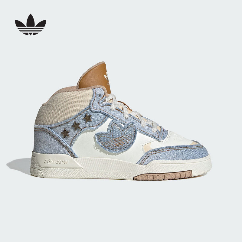 阿迪达斯25冬季男女小童三叶草牛仔布拼接魔术贴休闲板鞋JS2484