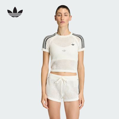 adidas阿迪达斯三叶草三条纹时尚修身钩针编织T恤夏女短袖 KE0200