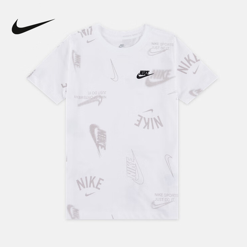 Nike耐克男女童大童T恤夏季棉质经典轻便柔软印花短袖HQ9292-100
