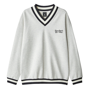 SKECHERS斯凯奇2025秋季男款V领灰色针织套头卫衣  L324M028-0248