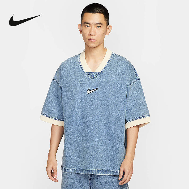 Nike耐克男子宽松复古V领牛仔短袖刺绣篮球运动上衣夏HV1919-436