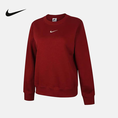 NIKE耐克女红色卫衣春新款刺绣小勾宽松圆领运动套头衫DQ5752-613