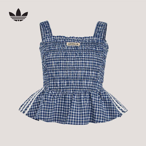 adidas阿迪达斯三叶草格纹荷叶边运动修身背心2026夏女吊带KX7035