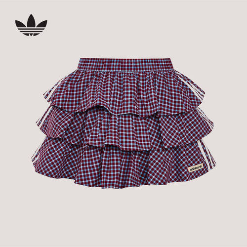 adidas阿迪达斯三叶草格子呢百褶蛋糕短裙2026夏女半身裙KU9399